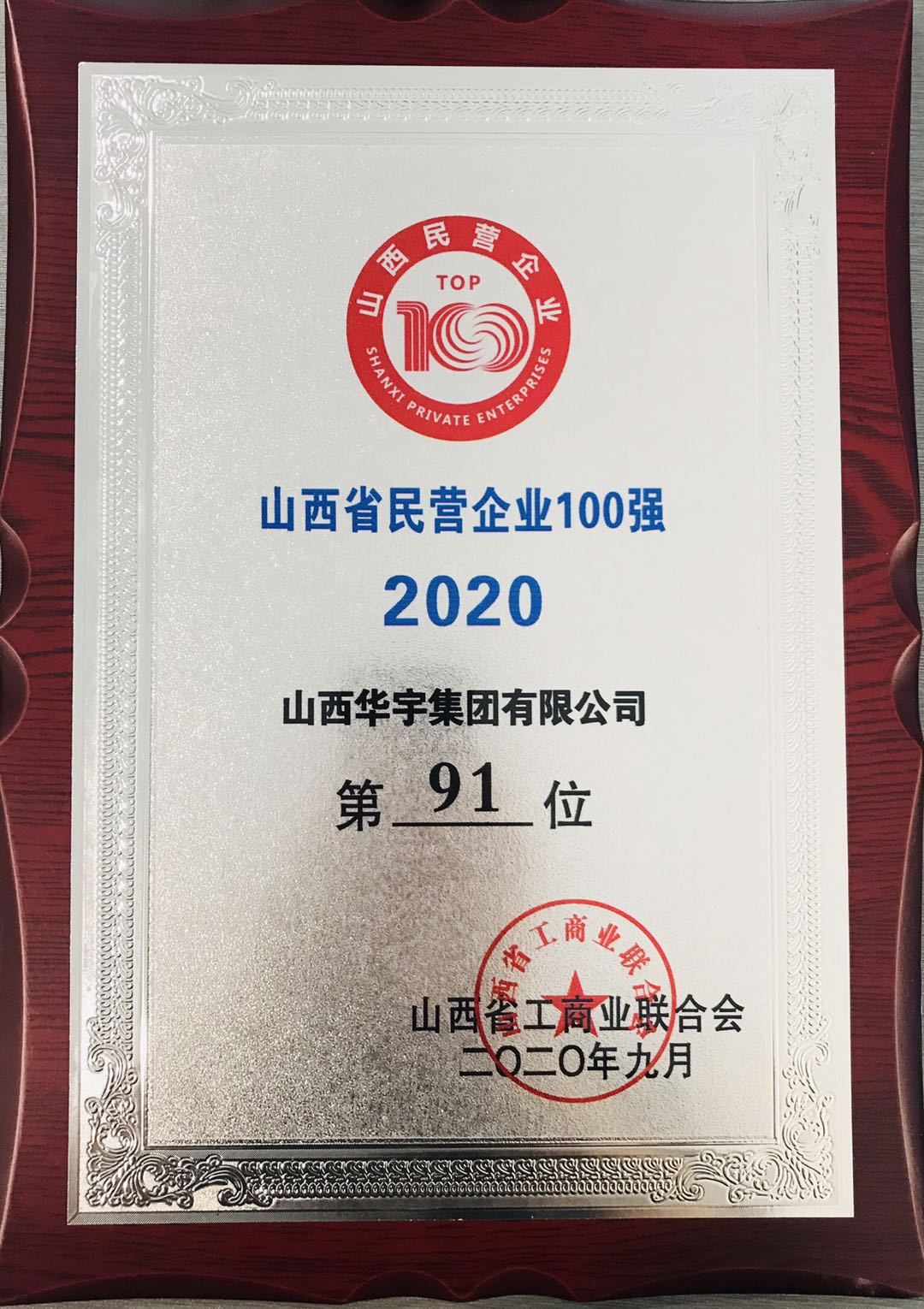 山西华宇集团再获“山西省民营企业100强、服务业20强”称号